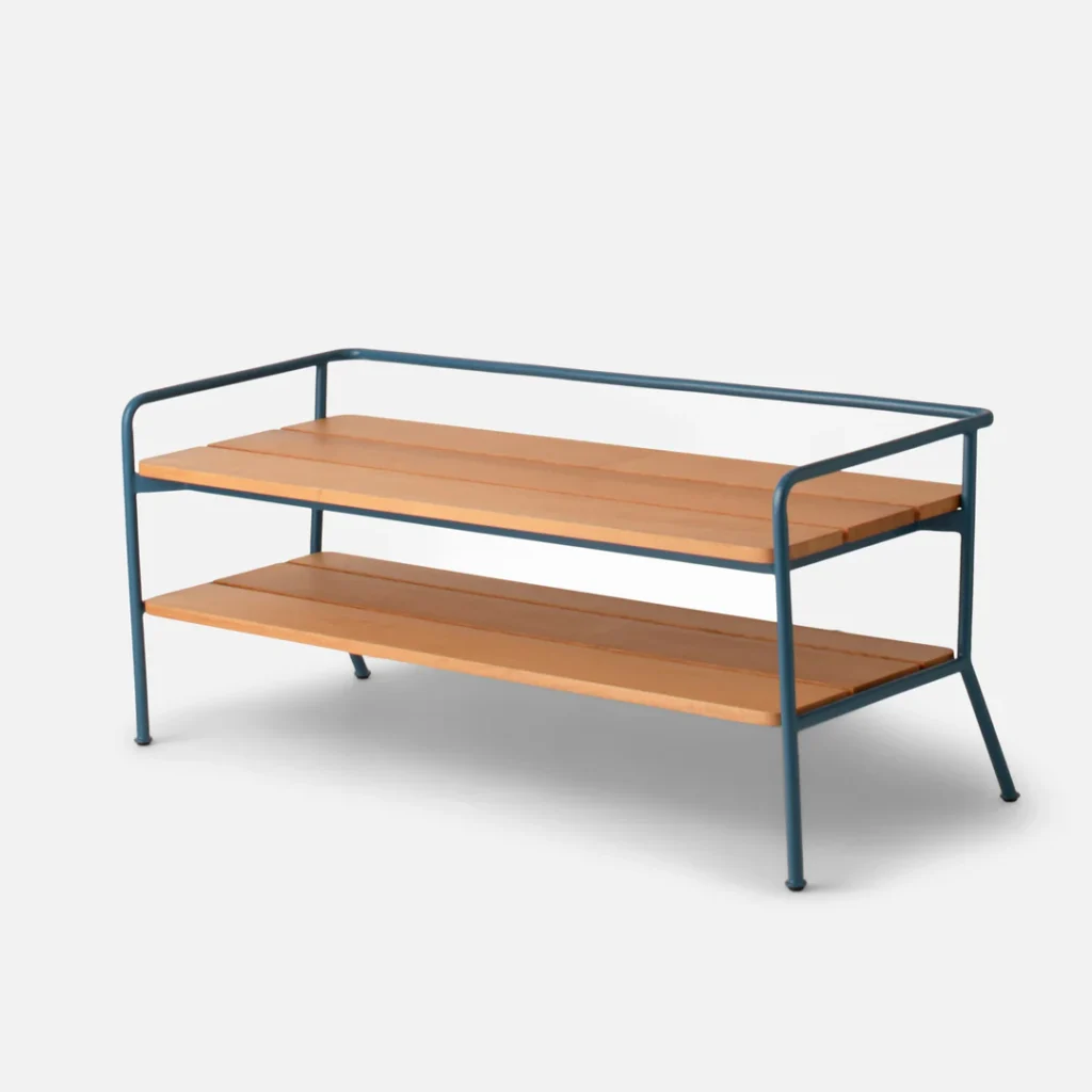 Modern outdoor coffee table with a blue metal frame and wooden shelves, designed for stylish outdoor living.