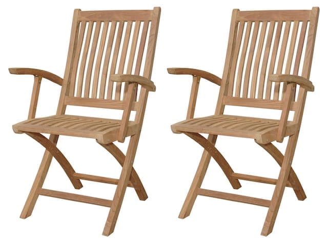 Pair of wooden folding chairs with slatted design, suitable for outdoor use.