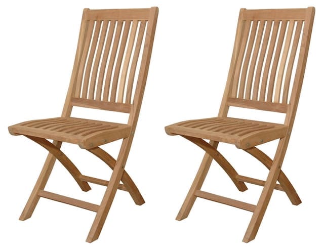 Two wooden folding chairs with slatted design, showcasing a natural finish and practical construction.