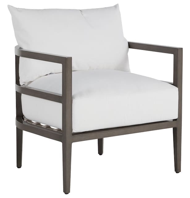 Modern outdoor lounge chair with a gray frame and white cushions, designed for comfortable seating.
