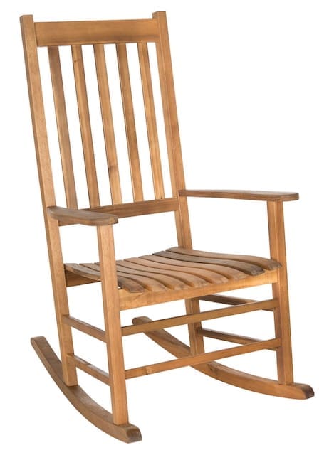 Wooden rocking chair with a slatted back and seat, designed for outdoor use.