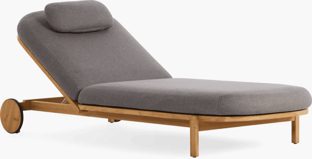 Stylish gray chaise lounge with a wooden frame and a cushioned backrest, perfect for relaxing outdoors.