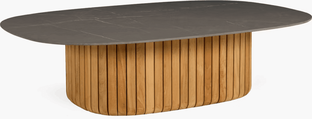 Modern outdoor dining table with a sleek oval gray top and a wooden slatted base.