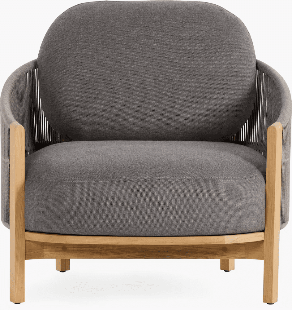 Modern gray outdoor chair with wooden accents and a plush cushion, designed for comfort and style.