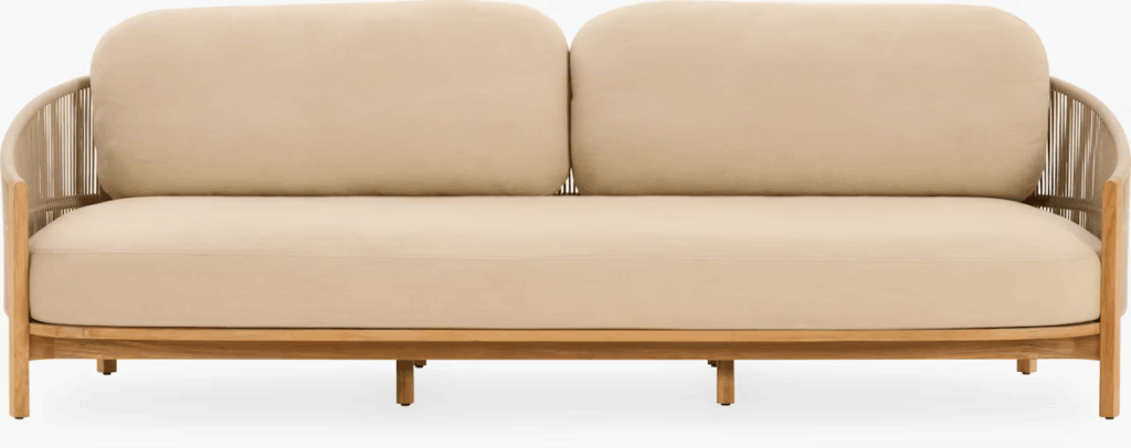 A stylish outdoor sofa with a wooden frame and comfortable beige cushions, designed for relaxation and entertaining.