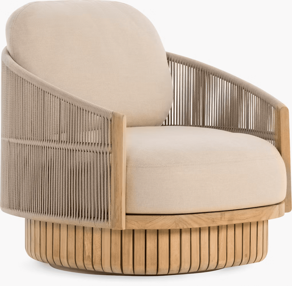 A stylish outdoor armchair featuring a rounded design with a beige cushion and a natural wood frame, complemented by a woven backrest.