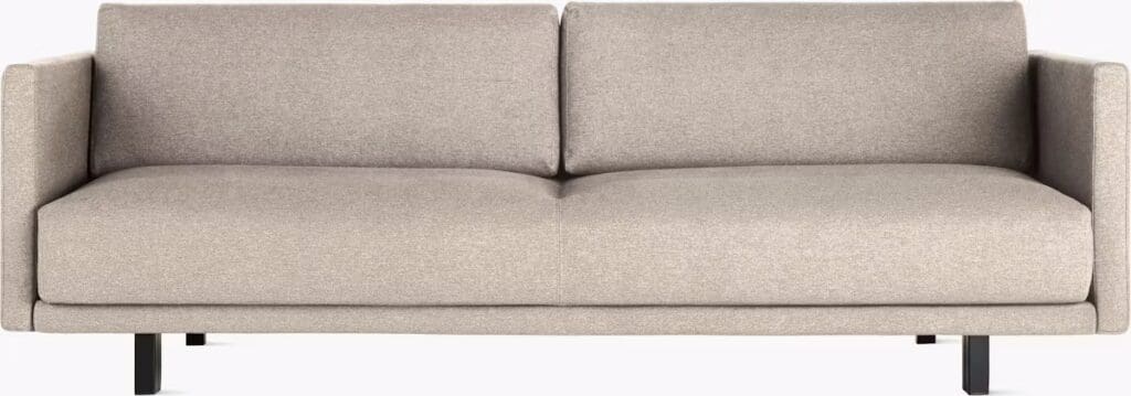 A modern beige sofa with clean lines and minimalist design, featuring a two-seater configuration and supported by black metal legs.