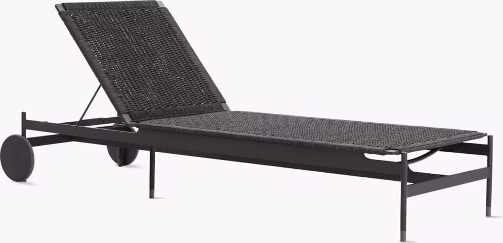 A modern black outdoor lounge chair with a woven seat and backrest, adjustable reclining feature, and wheels for easy mobility.