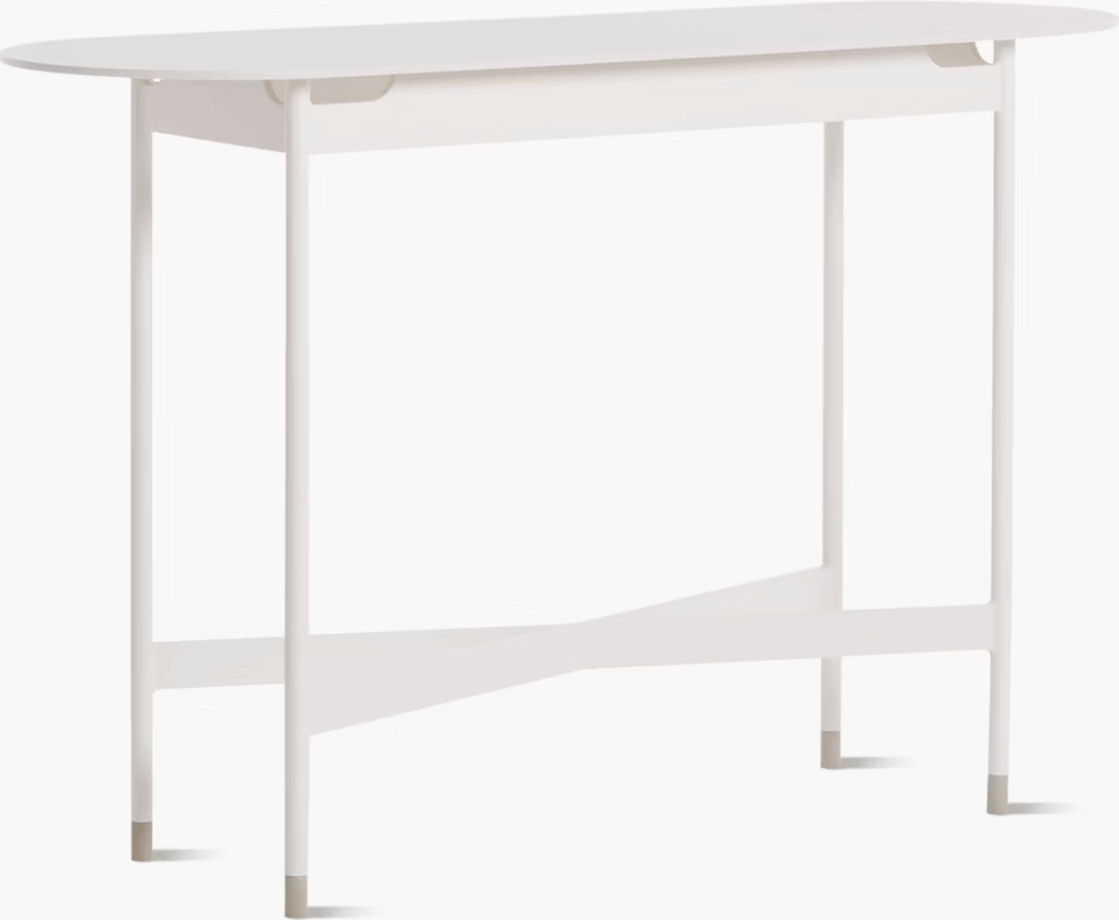 Modern white console table with a minimalist design and sleek legs, featuring a smooth oval top and a lower support bar.