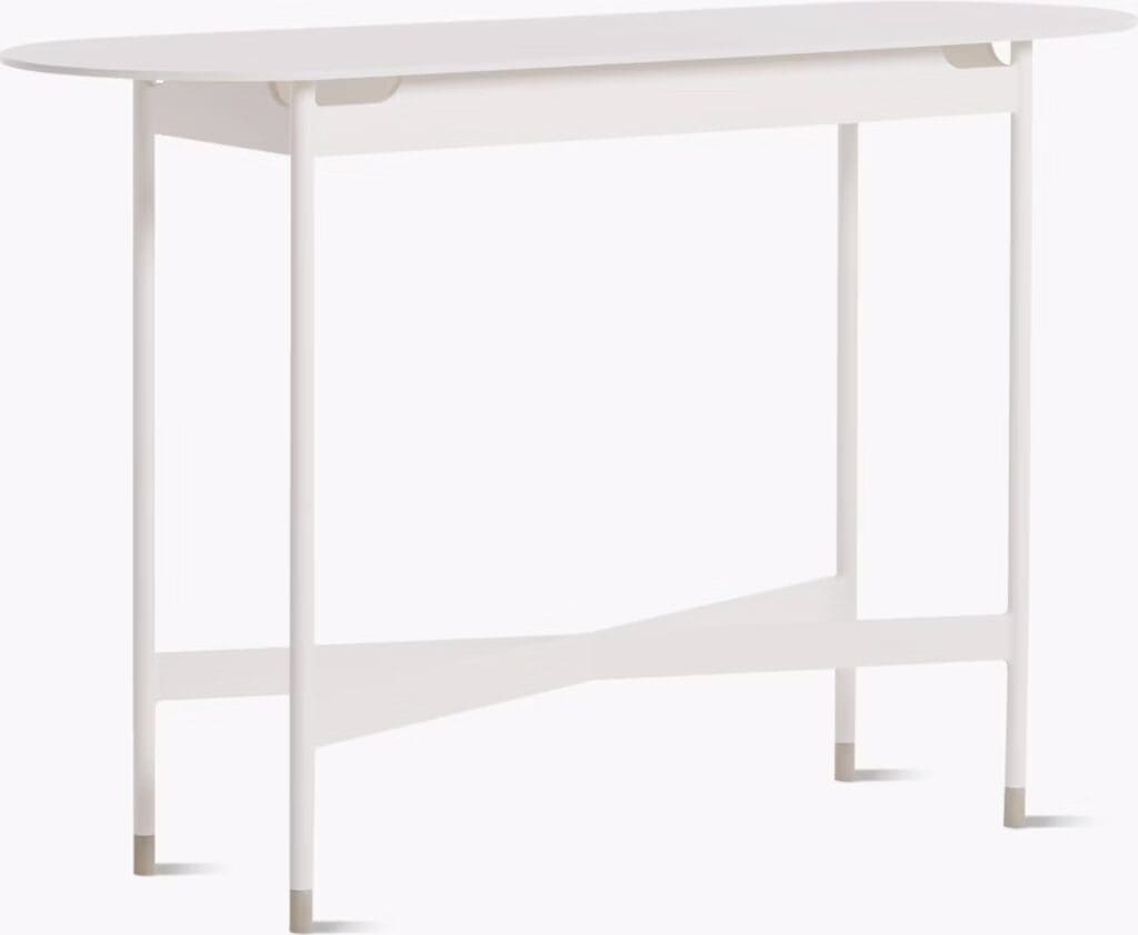 A sleek, modern console table with a rounded top and minimalist design, featuring white legs and a subtle triangular support structure.