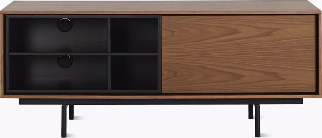 A modern wooden media console with a combination of open shelving and drawers, featuring a sleek design and minimalist aesthetic.