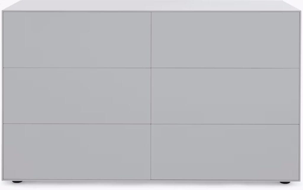 Modern gray storage cabinet with six drawers, featuring a minimalist design suitable for various home decor styles.