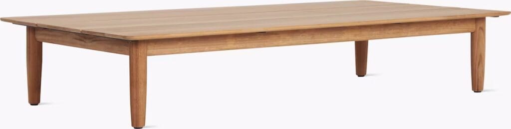 A modern wooden coffee table with a simple design and tapered legs.