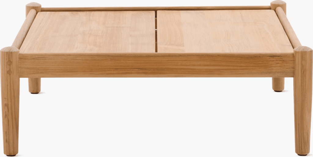 Modern wooden coffee table with a minimalist design, featuring a smooth, flat surface and rounded edges.