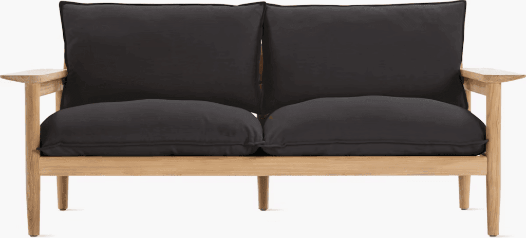 A modern two-seater outdoor sofa made of light wood with dark cushions.