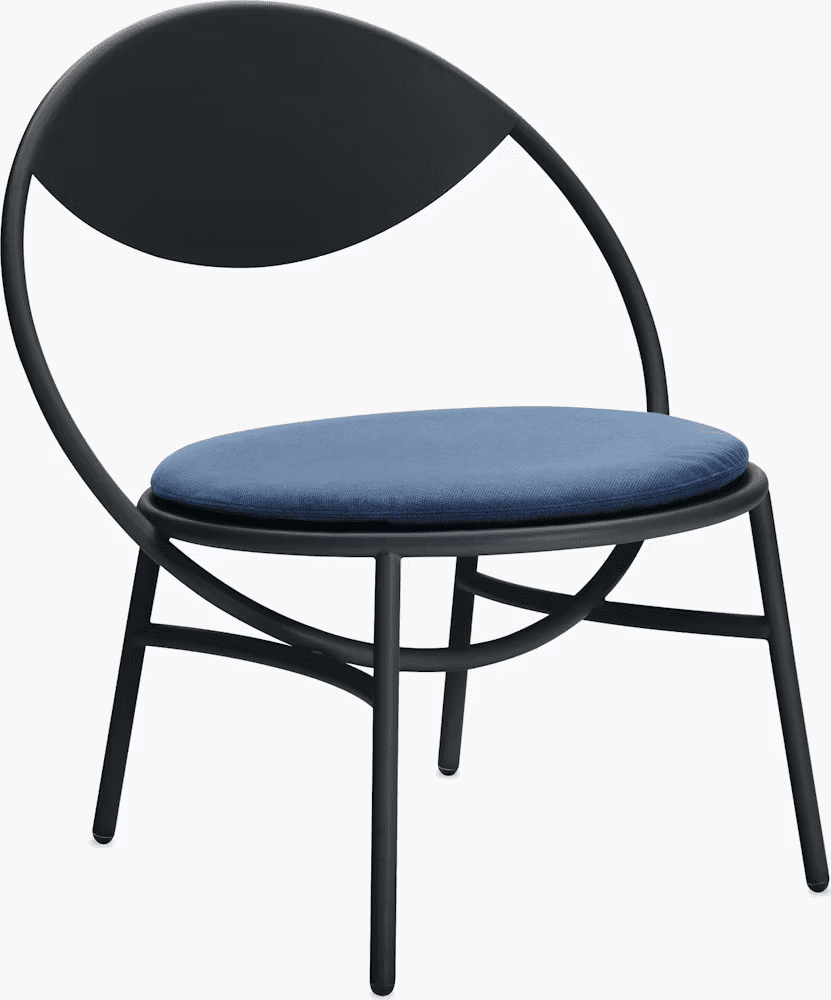 Modern black chair with a round seat and backrest, featuring a blue cushion.