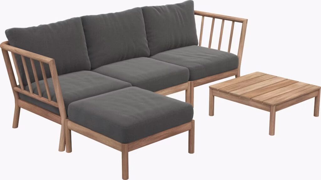 Modern outdoor sectional sofa with dark cushions and a matching wooden coffee table.