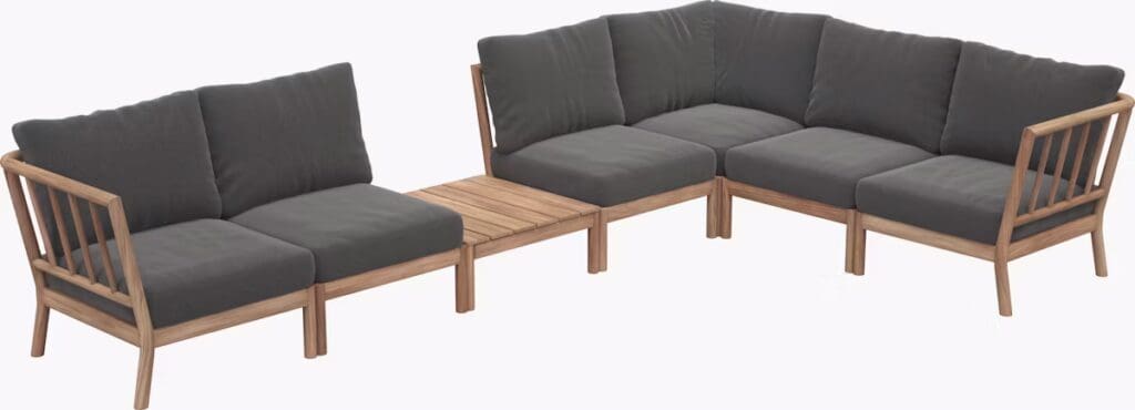 Modern sectional outdoor sofa with dark cushions and wooden frame, featuring a unique design with a connecting table.