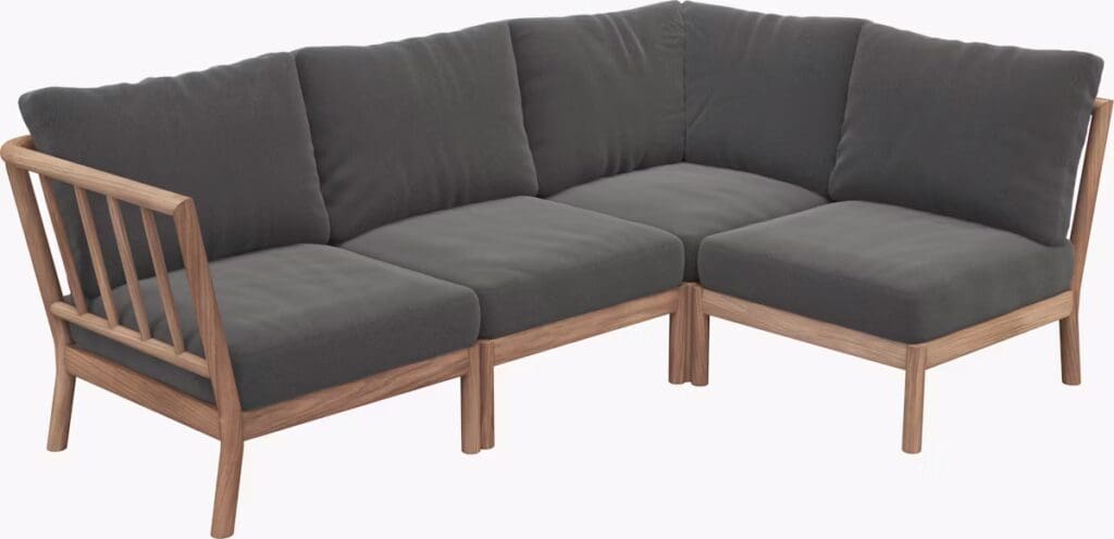 Modern corner sofa with dark gray cushions and a wooden frame, designed for stylish outdoor living.