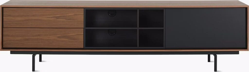 A modern wooden media console with sleek lines, featuring two drawers, open shelves, and a cabinet.