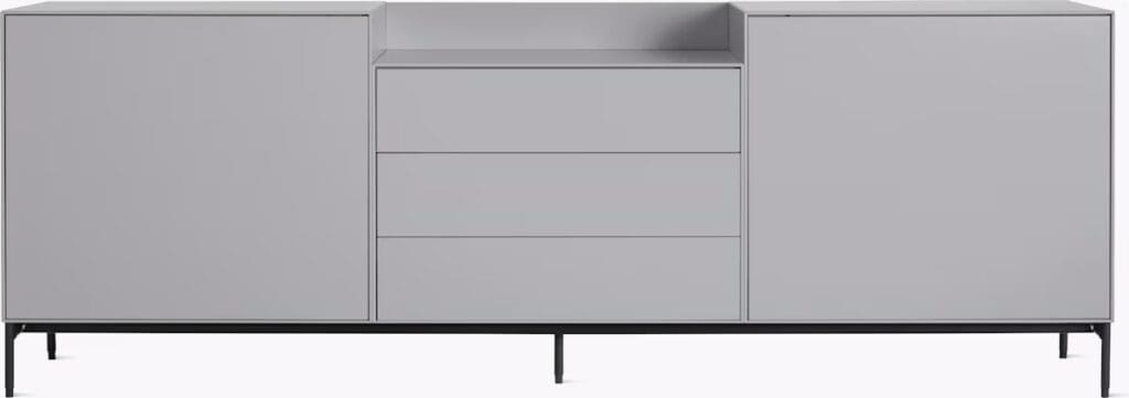 A modern gray sideboard with three central drawers and two cabinets on either side, featuring sleek lines and minimalist design.