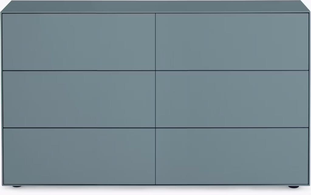 A minimalist blue dresser with four horizontal drawers, featuring a sleek design and a smooth top surface.