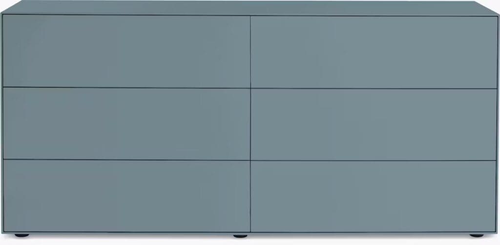 A modern sideboard with a sleek design featuring four horizontal drawers, finished in a soft blue color and minimalistic style.
