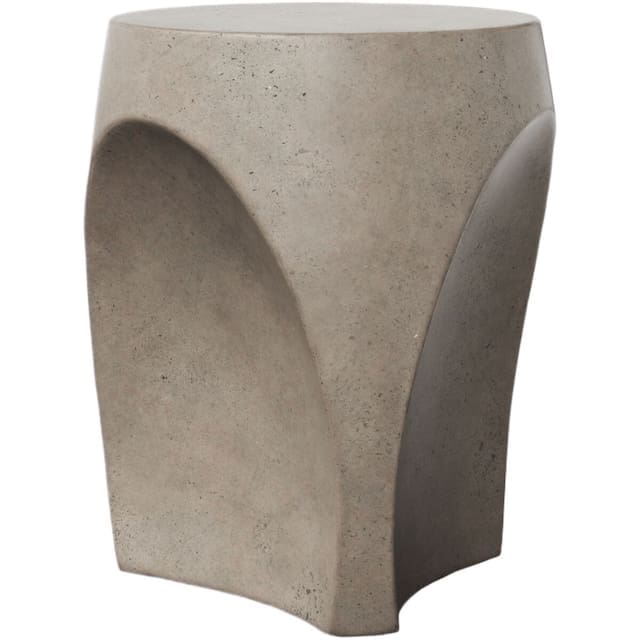 Stylish modern outdoor side table made of concrete with a smooth, rounded top and sculptural design.
