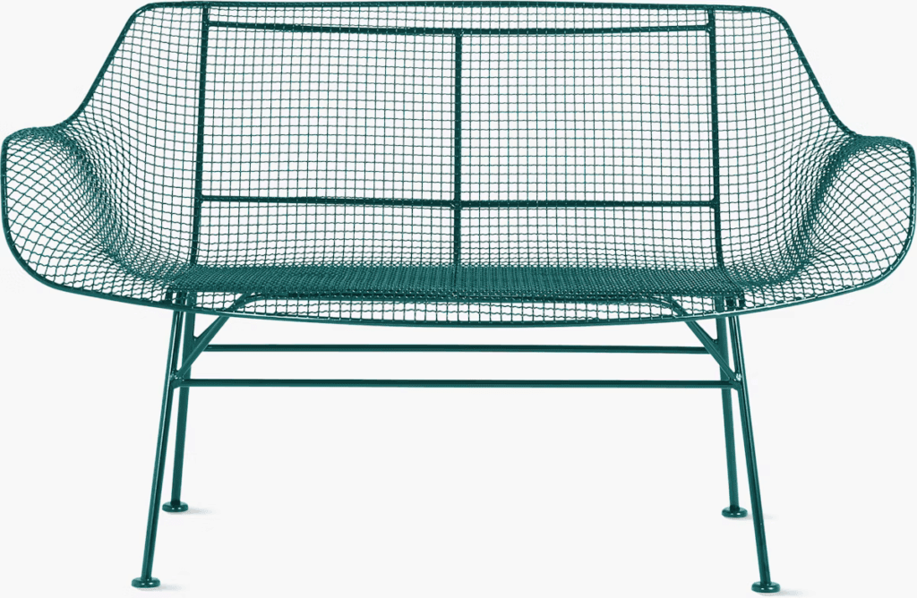 Modern green wire mesh loveseat with a minimalist design.