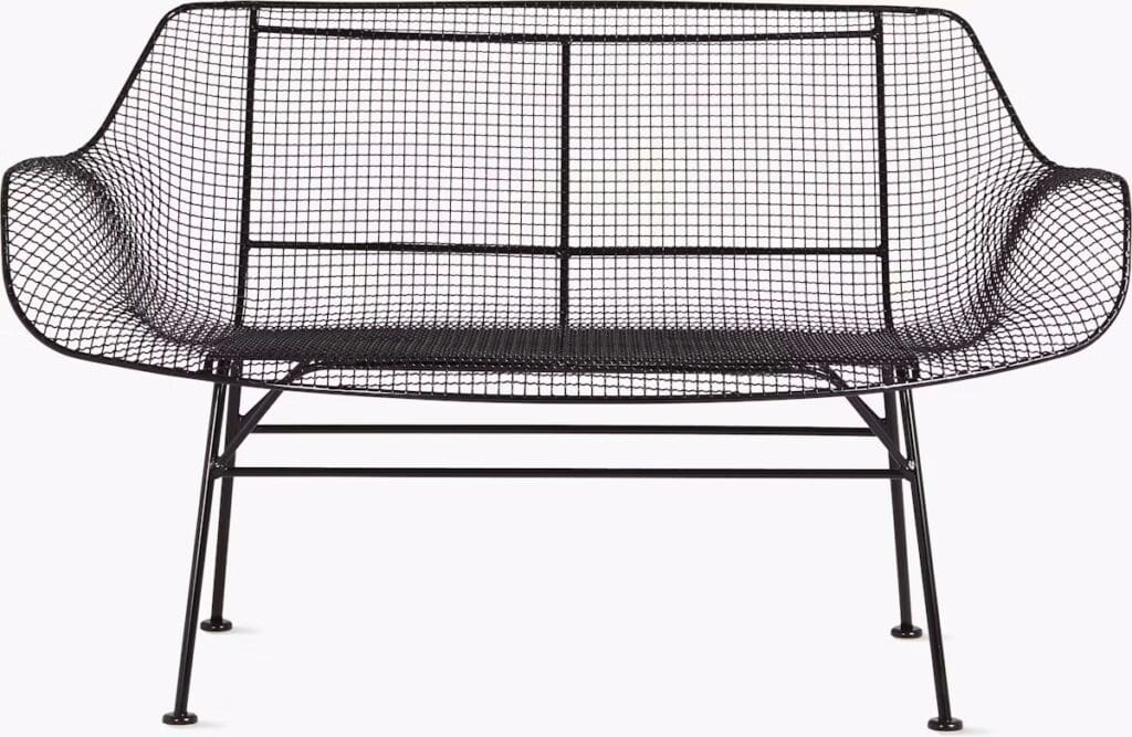 A modern black wireframe loveseat with a minimalist design featuring curved backrests and armrests.
