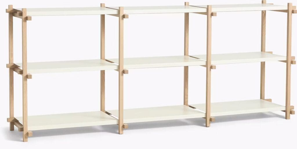 A modern shelving unit featuring a wooden frame and white shelves, designed for contemporary interiors.
