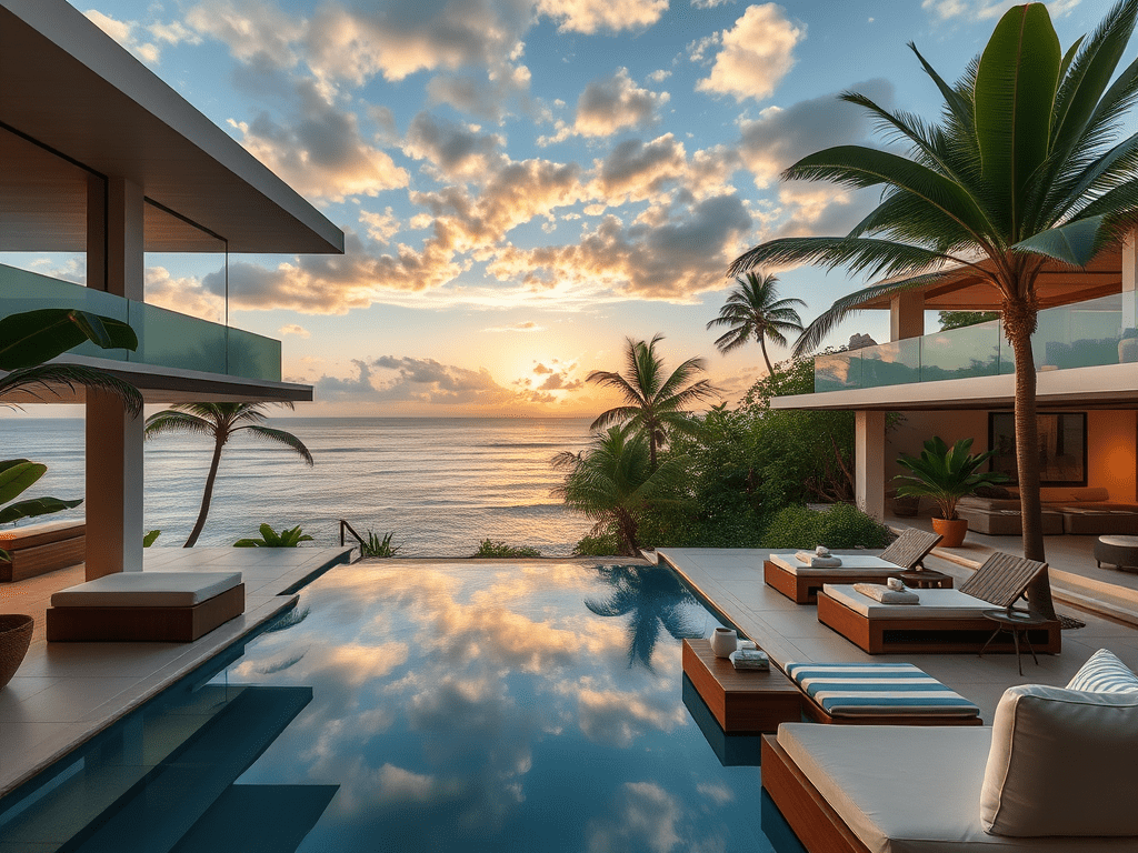 Luxurious outdoor living space with modern furniture, infinity pool reflecting the sunset, and tropical plants overlooking the ocean.