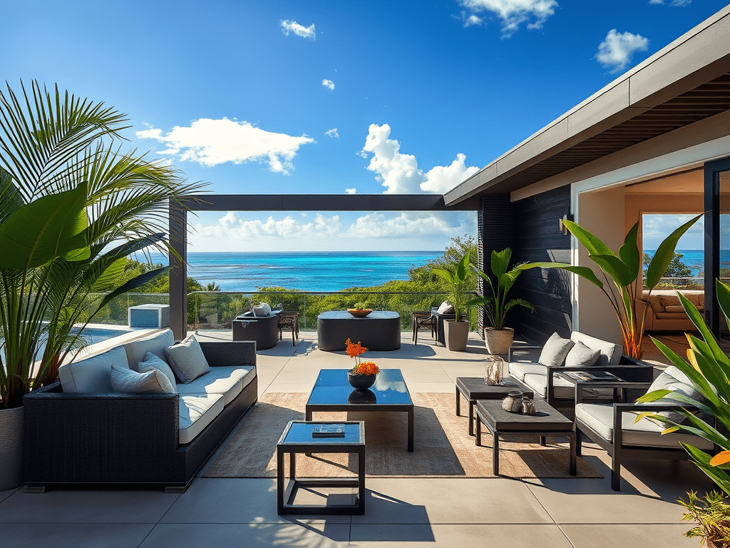 Luxurious outdoor living space with modern furniture overlooking a tropical ocean view, featuring potted plants and a bright blue sky.
