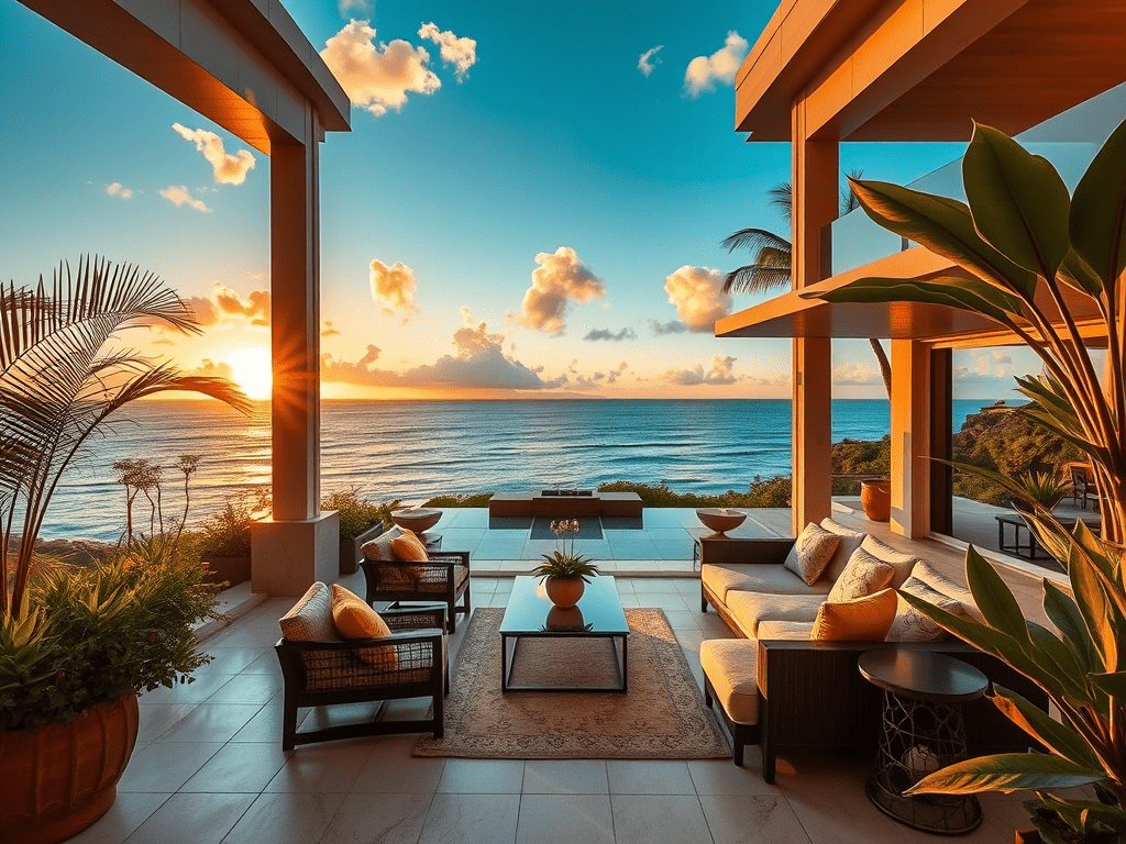 Luxurious outdoor living space featuring modern furniture, overlooking a tropical ocean view at sunset, with potted plants and a vibrant sky.