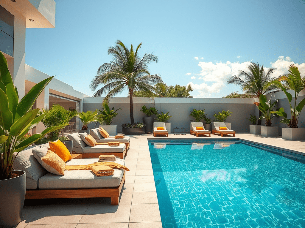 Luxurious outdoor living space featuring a pool, modern lounge chairs with orange accents, and tropical plants under a bright blue sky.