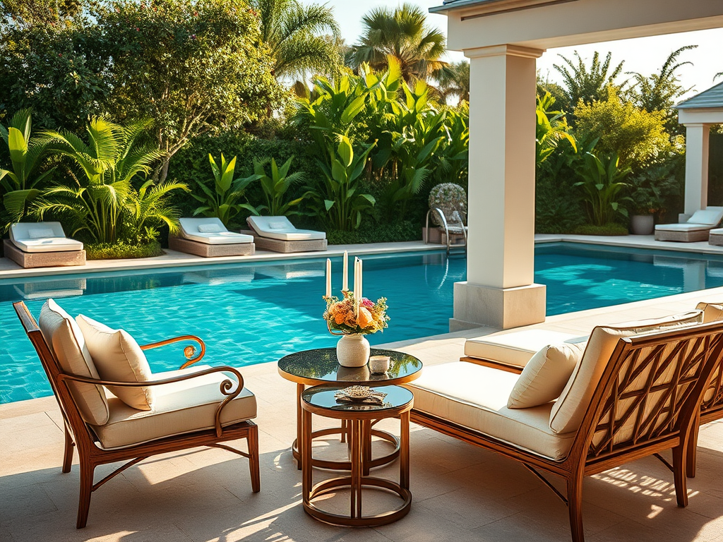 Luxurious outdoor living space featuring elegant chairs and a round table by a swimming pool, surrounded by lush greenery and tropical plants.