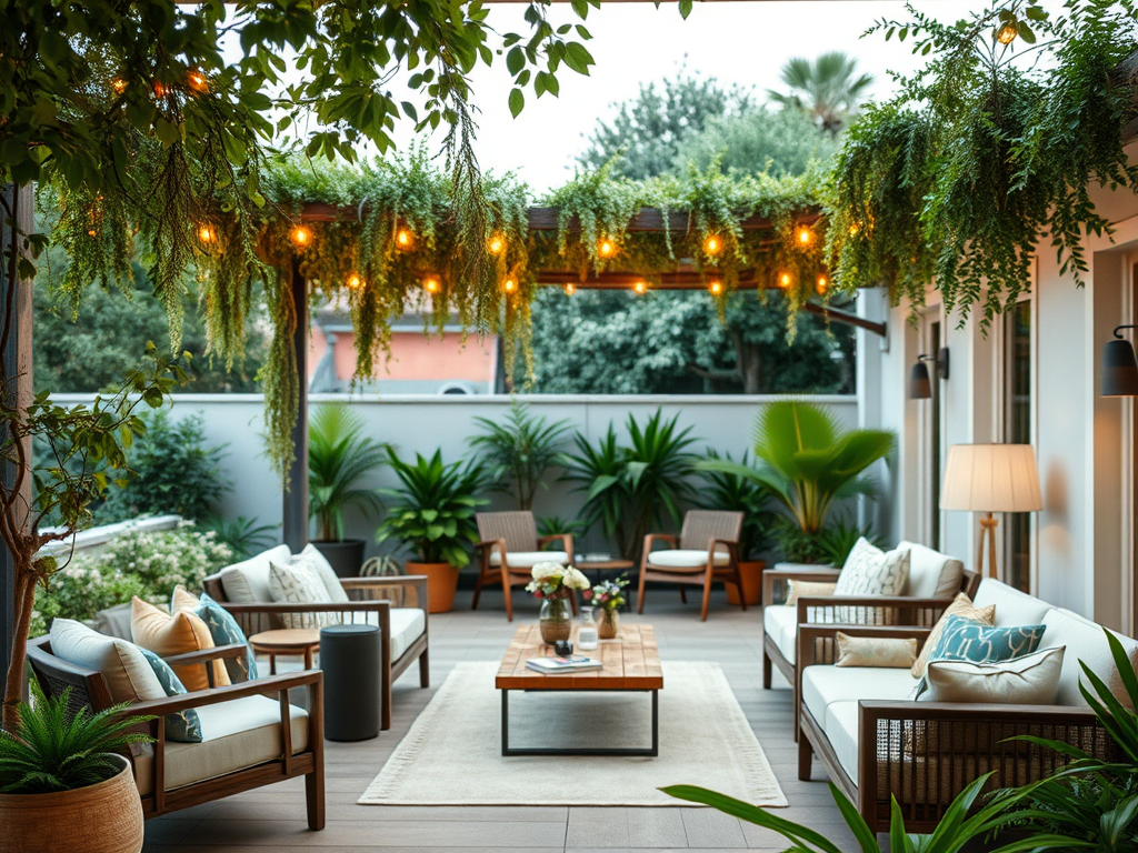 Luxurious outdoor living space with comfortable seating, greenery, and soft lighting, creating a relaxing ambiance.