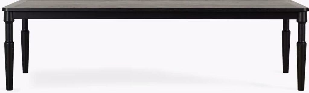 Black dining table with elegant legs, displayed against a plain background.