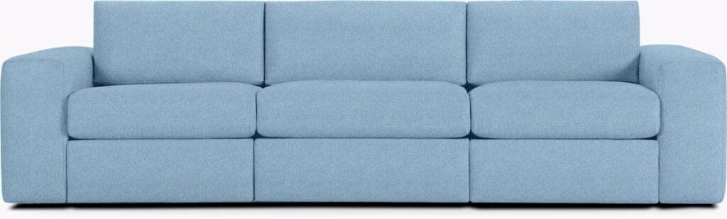 Light blue, modern sofa with a contemporary design and plush cushions.