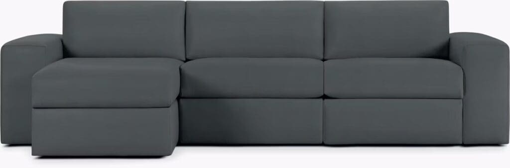 Modern gray sofa with a minimalist design featuring clean lines and a low profile.