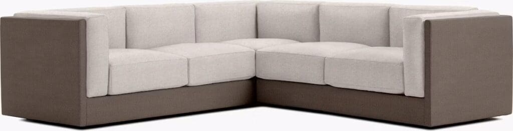 L-shaped modern sofa with a combination of beige and brown upholstery, featuring plush cushions and clean lines.