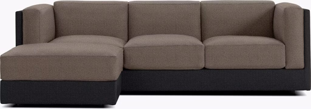 L-shaped sofa with a dark base and light brown upholstery, featuring plush cushions and a modern design.