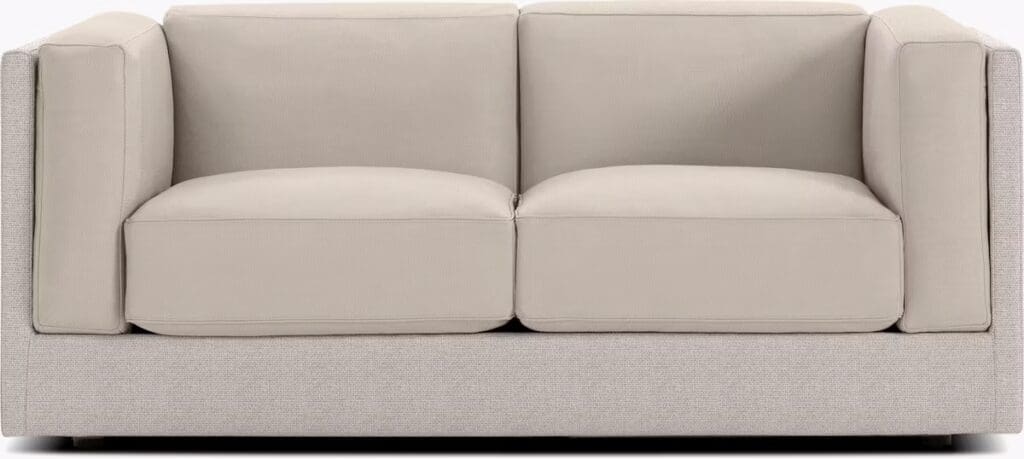 A modern beige sofa with two cushions and armrests, showcasing a minimalist design.