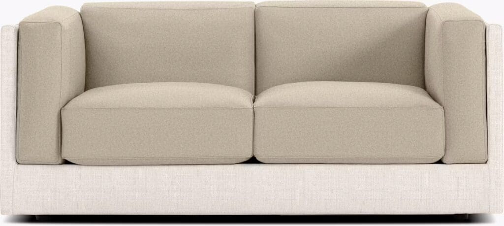 Front view of a modern two-seater sofa with beige cushions and a light-colored frame.
