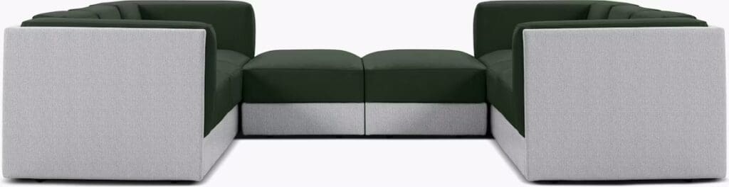 Modern sectional sofa featuring a combination of dark green and light gray upholstery.