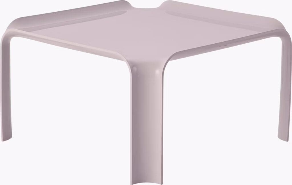 A modern, minimalist square coffee table with rounded edges, featuring a sleek design and a glossy surface.