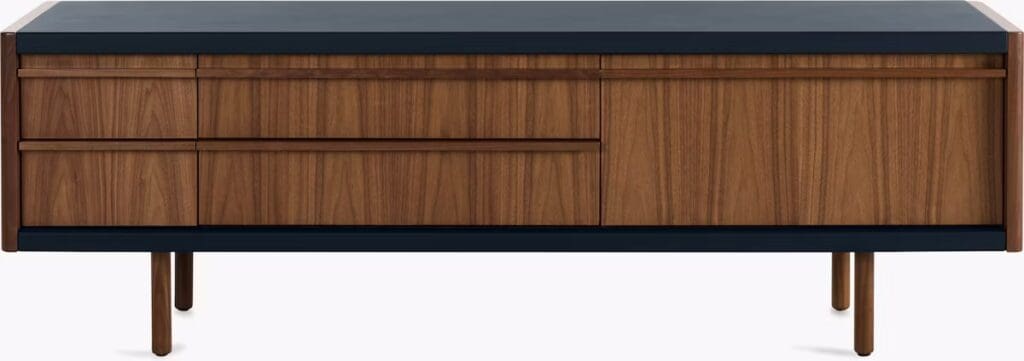 Modern wooden sideboard with a dark top and multiple drawers, featuring a stylish design.