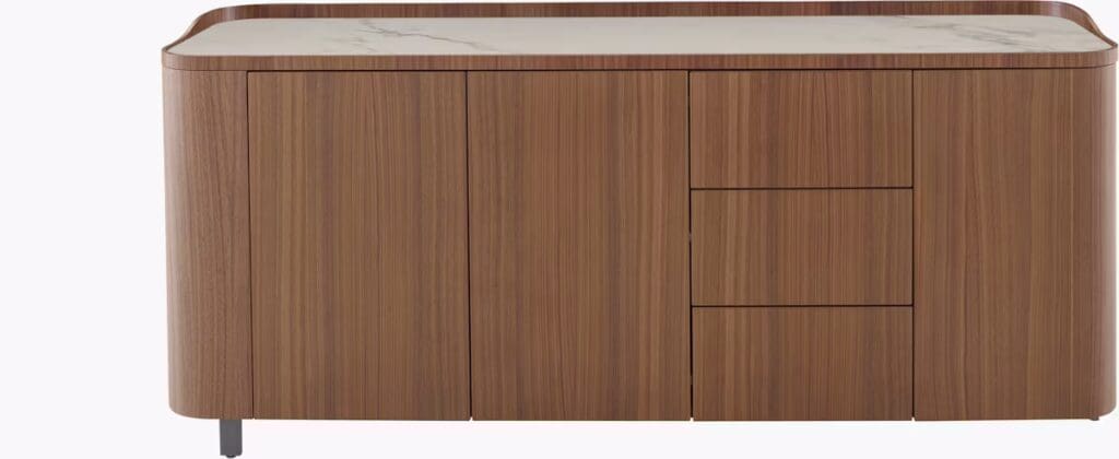 Modern wooden sideboard with a marble top and minimalist design, featuring multiple storage compartments.