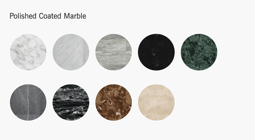 Display of various samples of polished coated marble, showing a range of colors and patterns.