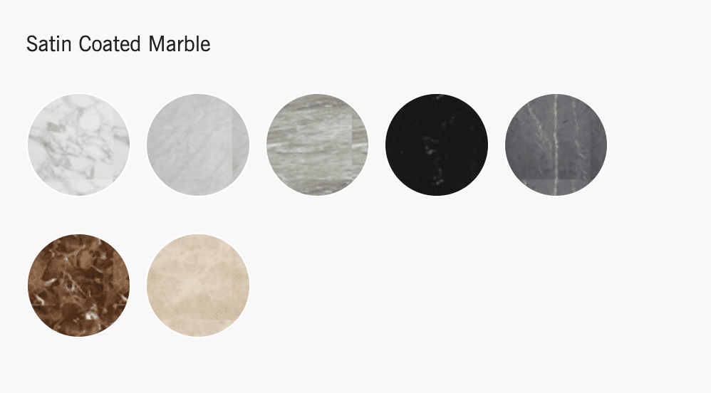 Color samples of satin coated marble, including various shades of white, gray, green, black, and brown.